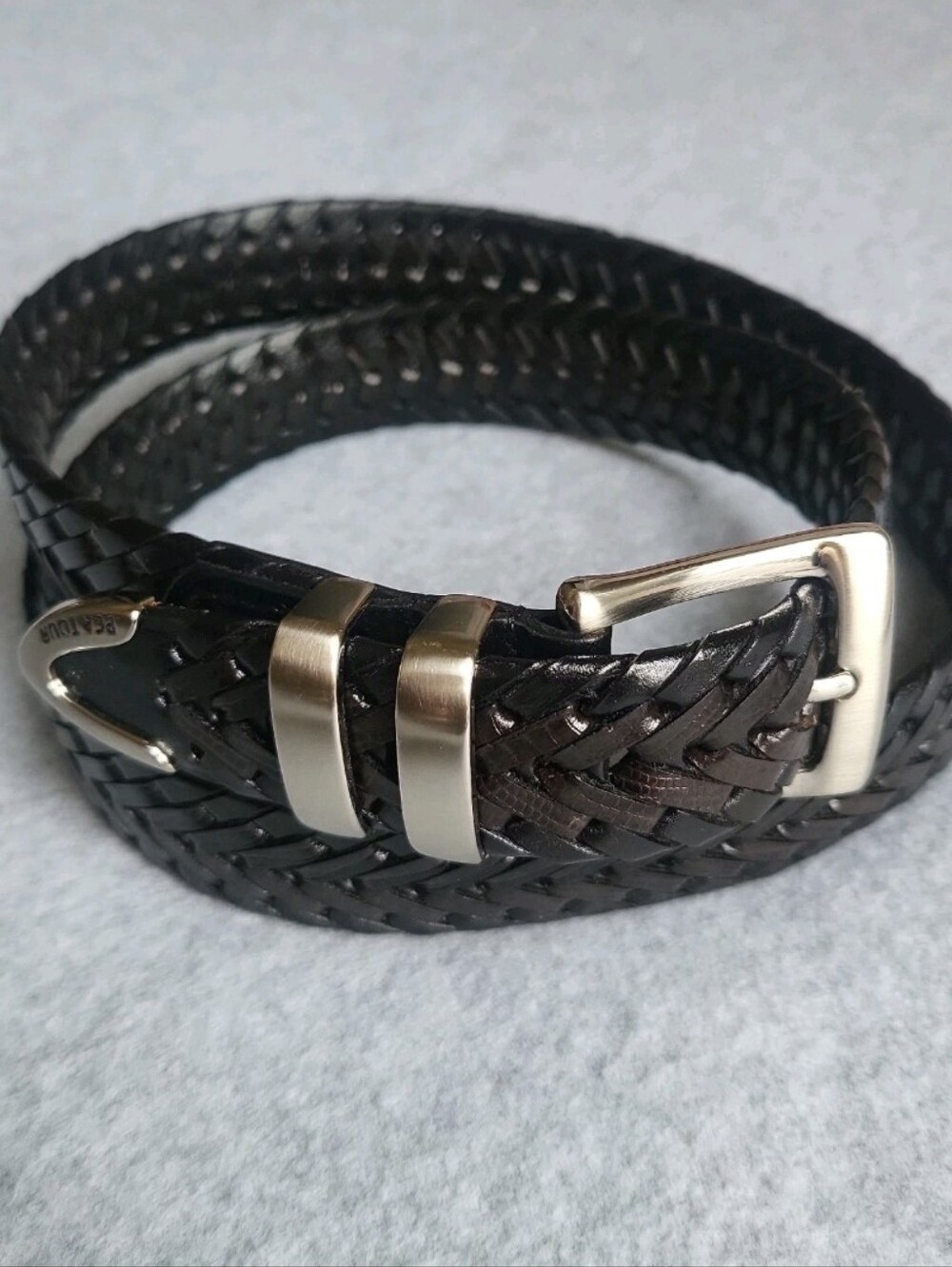 PGA Tour Braided Leather Belt Mens 38 Black Woven Stainless Steel Dress Work